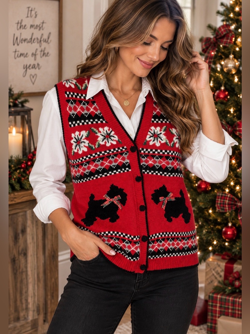 Alfred Dunner Petite PS Christmas Sweater Vest Scottie Dog Fair Isle Red Knit